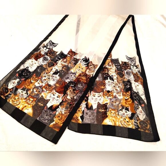 Cat Pattern Long Silk Scarf Kitty Cats Vintage - Picture 5 of 10